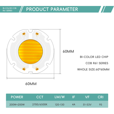 200W CCT Star Shape Bi-color R61 60X60MM Emit Size 34MM Led Cob Chip on Board 130lm BiColor Flip Chip PCB for Stage Spotlight