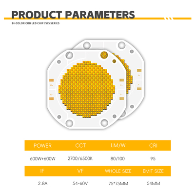 Dual CCT COB LED Chip High Power 60V Bi-Color 600W+600W 3000lm 1W 2700K/6500K Color Temperature 95Ra 75*75