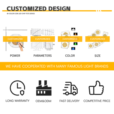 Dual CCT COB LED Chip High Power 60V Bi-Color 600W+600W 3000lm 1W 2700K/6500K Color Temperature 95Ra 75*75
